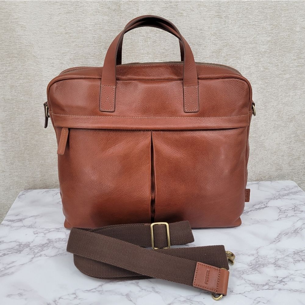 Fossil Leather Brief Workbag Cognac Breifcase Bag
